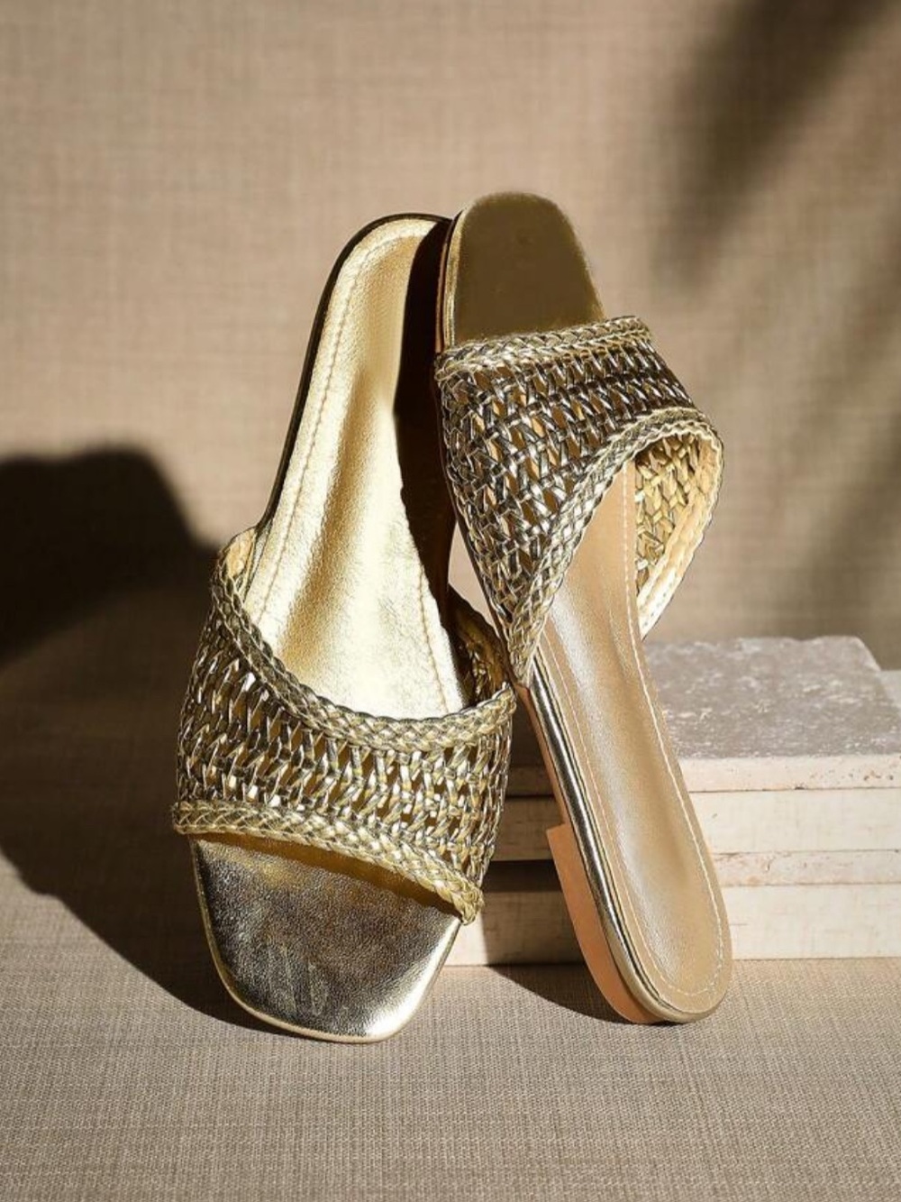 Gold Braided Slide Sandals for Women